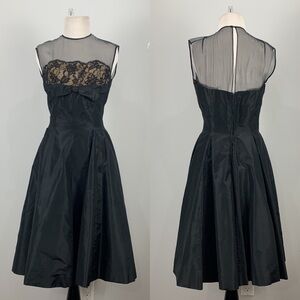 Vintage 1950’s Black Taffeta Lace And Sheer Mesh Cocktail Dress
